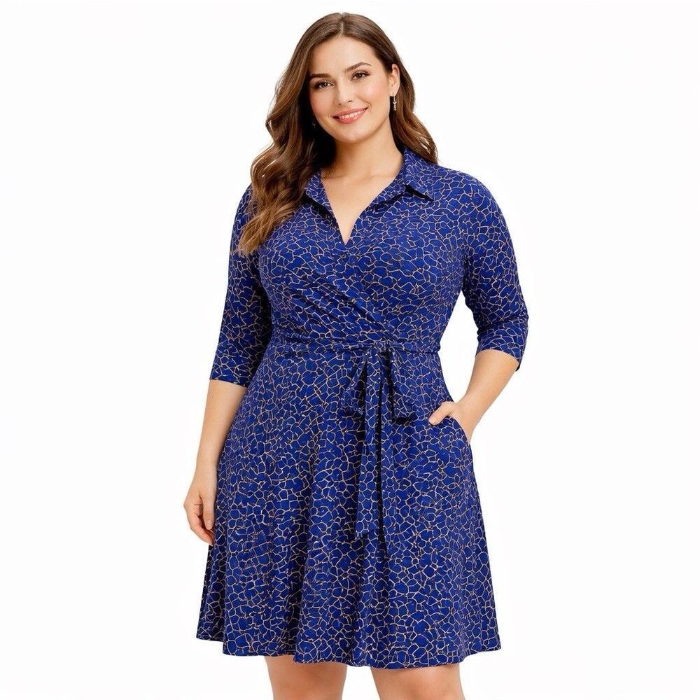 Laundry By Shelli Segal Dress Womens 14 Blue Geometric Fit & Flare Tie Waist